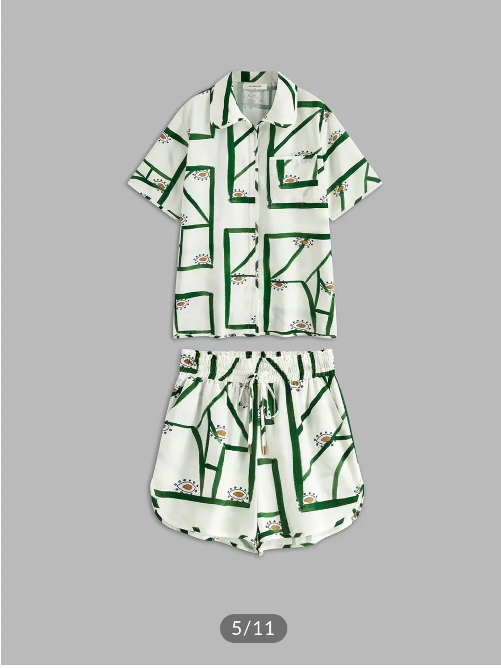 Commense White and Green Printed Two-Piece Relaxed Shirt + Shorts Set XS